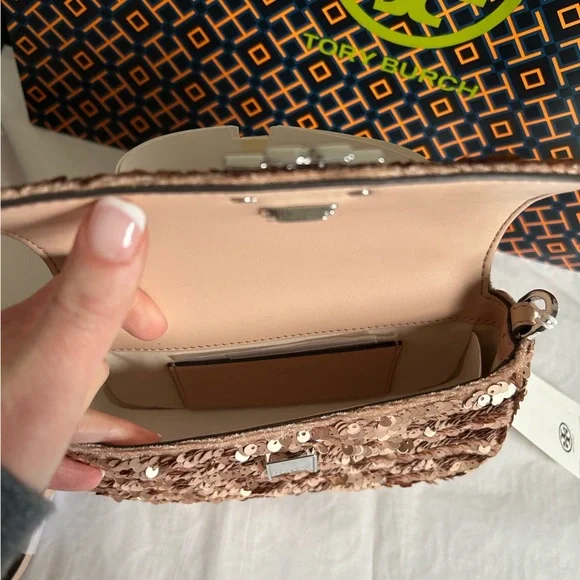 Tory Burch Britten Sequin Mini Top Handle Bag Crossbody Bag Rose Gold Silver